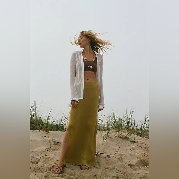 Free People Knitted Golden Hour Maxi Side Slit Skirt Olive Green Size L NEW - Picture 1 of 1